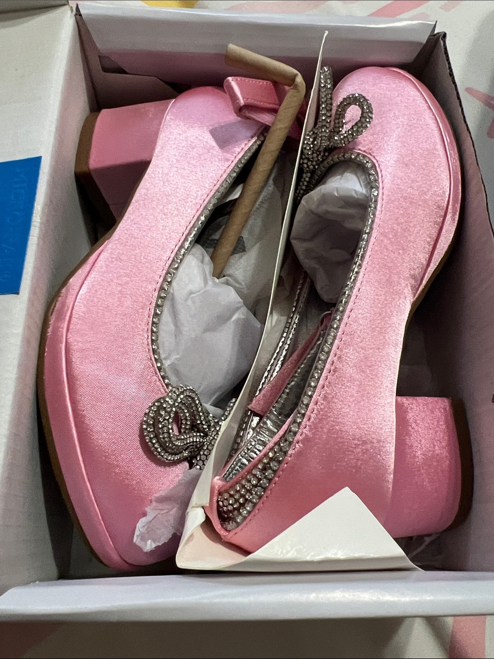 Dream Pairs Pink Satin Block Heel Pumps with Crystal Bow Accent